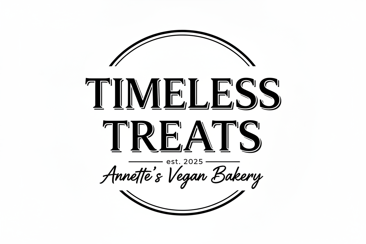 This is a header featuring the words “Timeless Treats” in block letters, with “Annette’s Vegan Bakery, Established 2025” in cursive script below. The design is clean and to the point, depicting a classic sensibility.