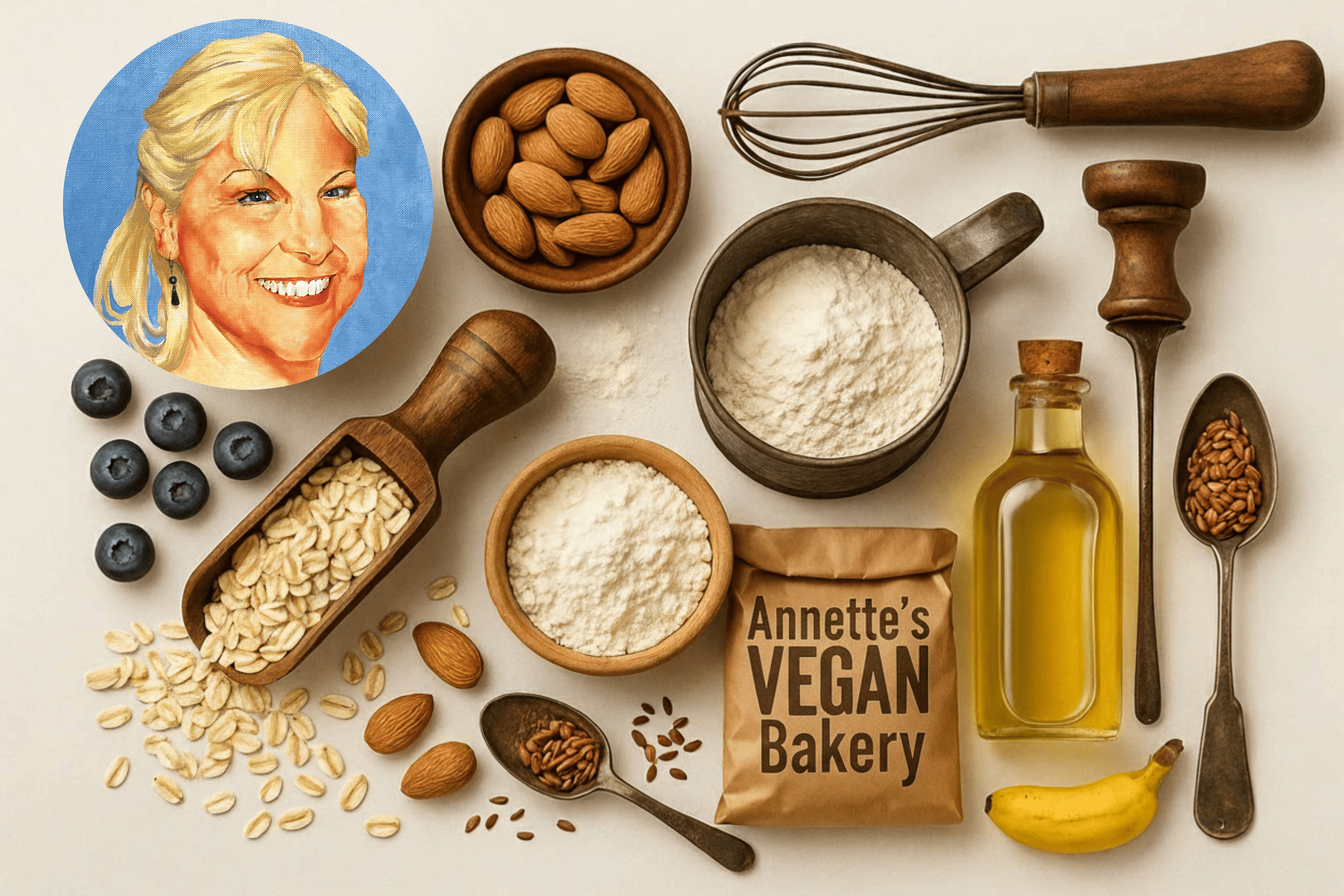 A spread of baking ingredients and tools, including but not limited to flour in small bowls, a bowl of margarine cubes, a scoop of rolled oats, a whisk, a brown paper bag reading “Annette’s Vegan Bakery,” a scattering of blueberries, and a metal whisk. There is an artistic rendering of Annette in the center of the banner.