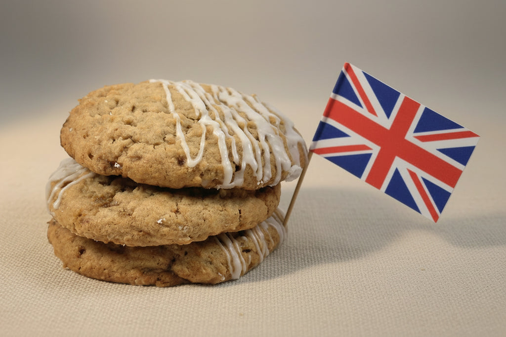 Three golden-brown cookies stacked on a neutral surface, drizzled with white icing, with a small British flag placed beside the stack.