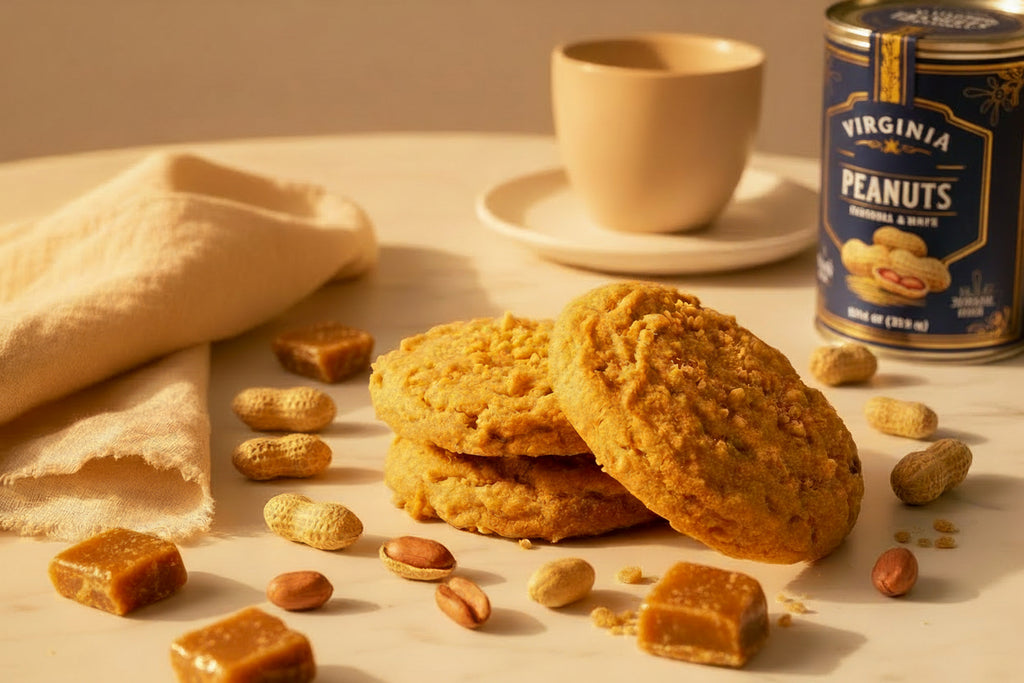 Three peanut butter cookies surrounded by shelled peanuts and chunks of toffee. 